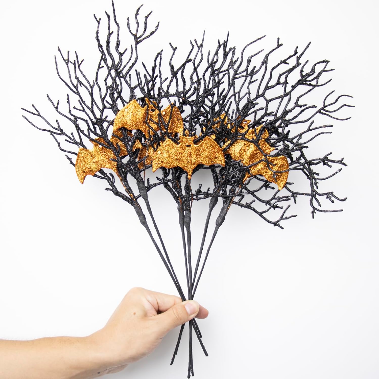Yawwind Artificial Halloween Picks 17inch Balck Halloween Branches for Vase Gilitter Halloween Stems with Glitter Golden Bat for Table Centerpiece