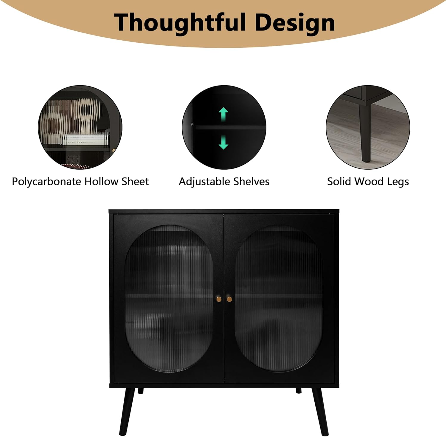 PHOYAL Aparador de buffet, armario de almacenamiento moderno con 2 puertas y estantes ajustables para cocina, sala de estar, pasillo, color negro