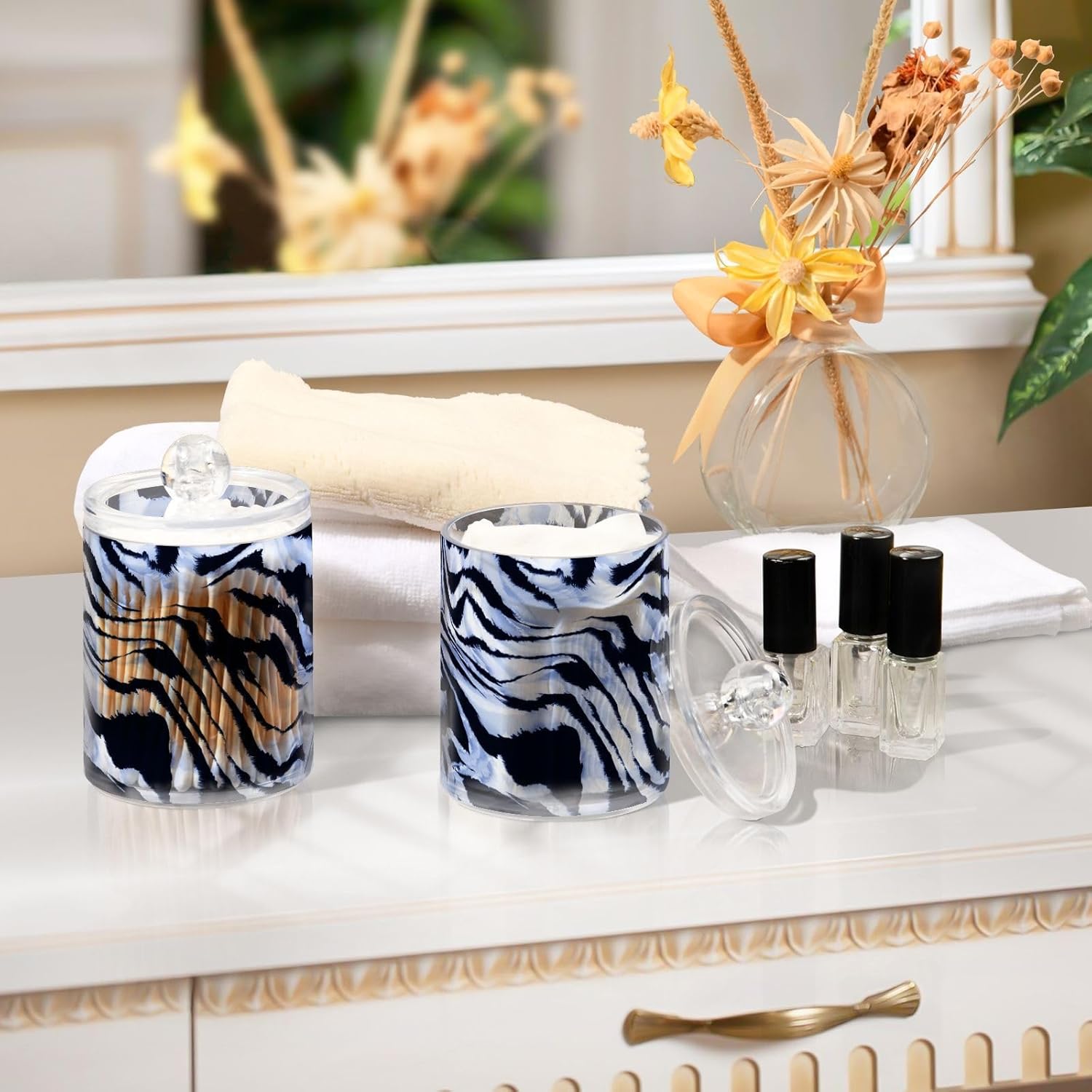 ALAZA Paquete de 2 dispensadores de soporte Qtip para bolas de algodón, diseño de cebra negro-azul, almohadillas redondas de algodón, juego de