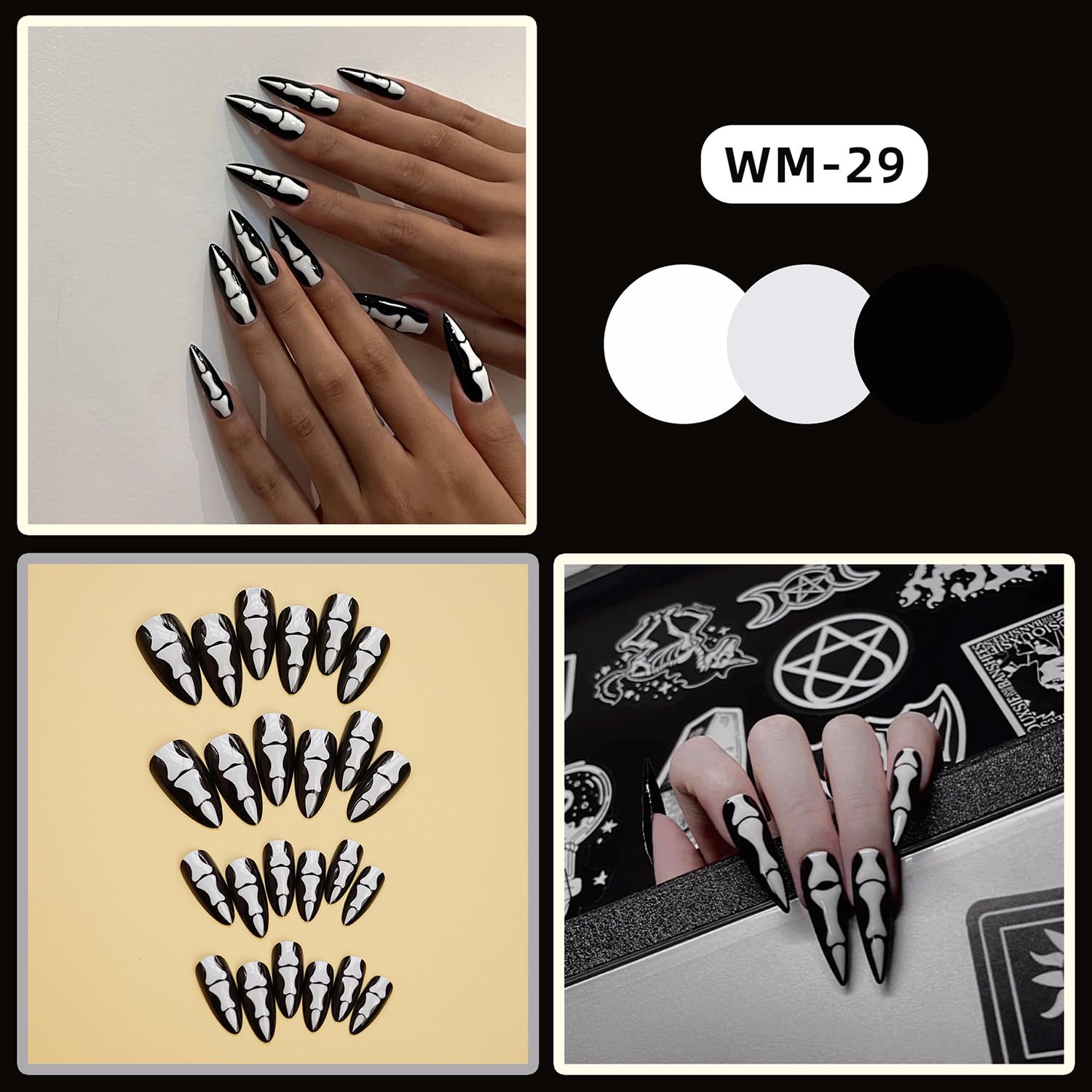 Uñas postizas negras a presión con diseños de Halloween, uñas postizas largas de almendra, uñas acrílicas góticas, uñas postizas de hueso gótico de