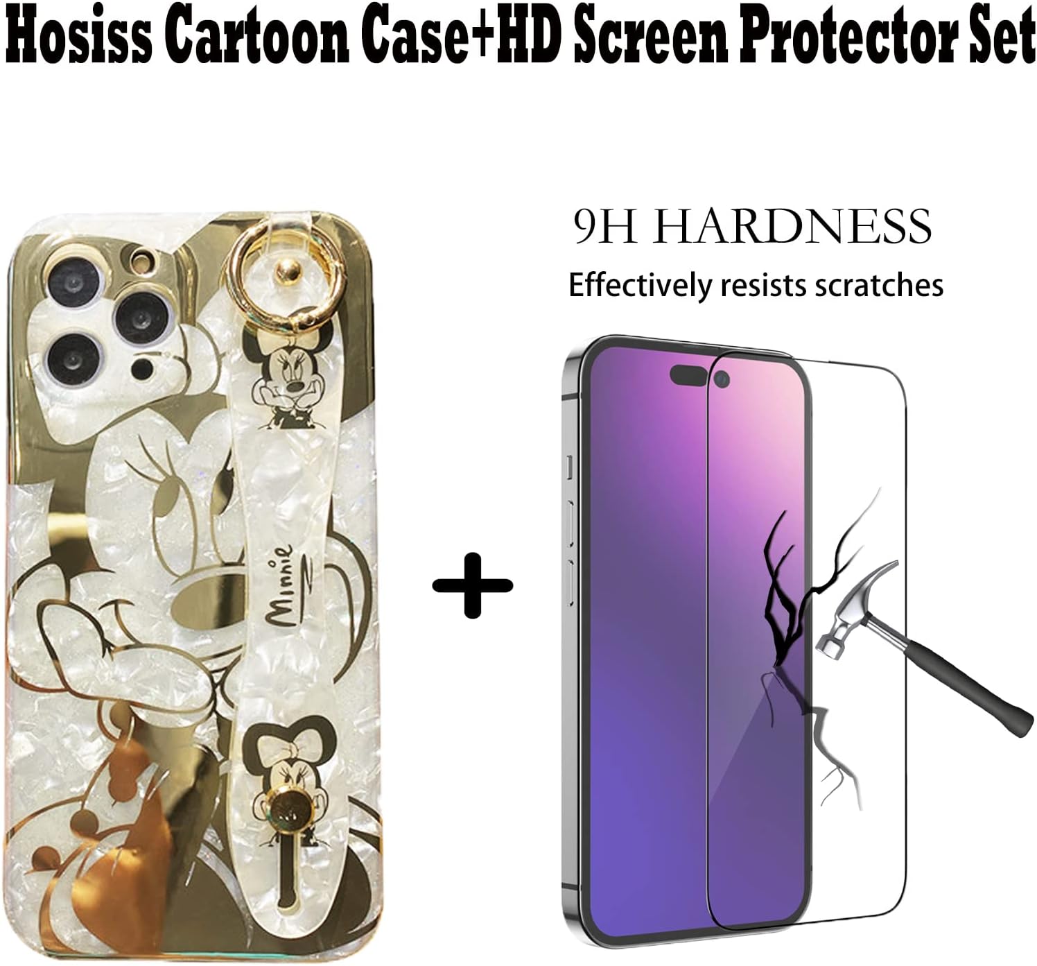 Funda de dibujos animados para iPhone 15 Pro Max de 6.7 pulgadas con protector de pantalla HD, Minnie Mouse con correa para la muñeca, correa de
