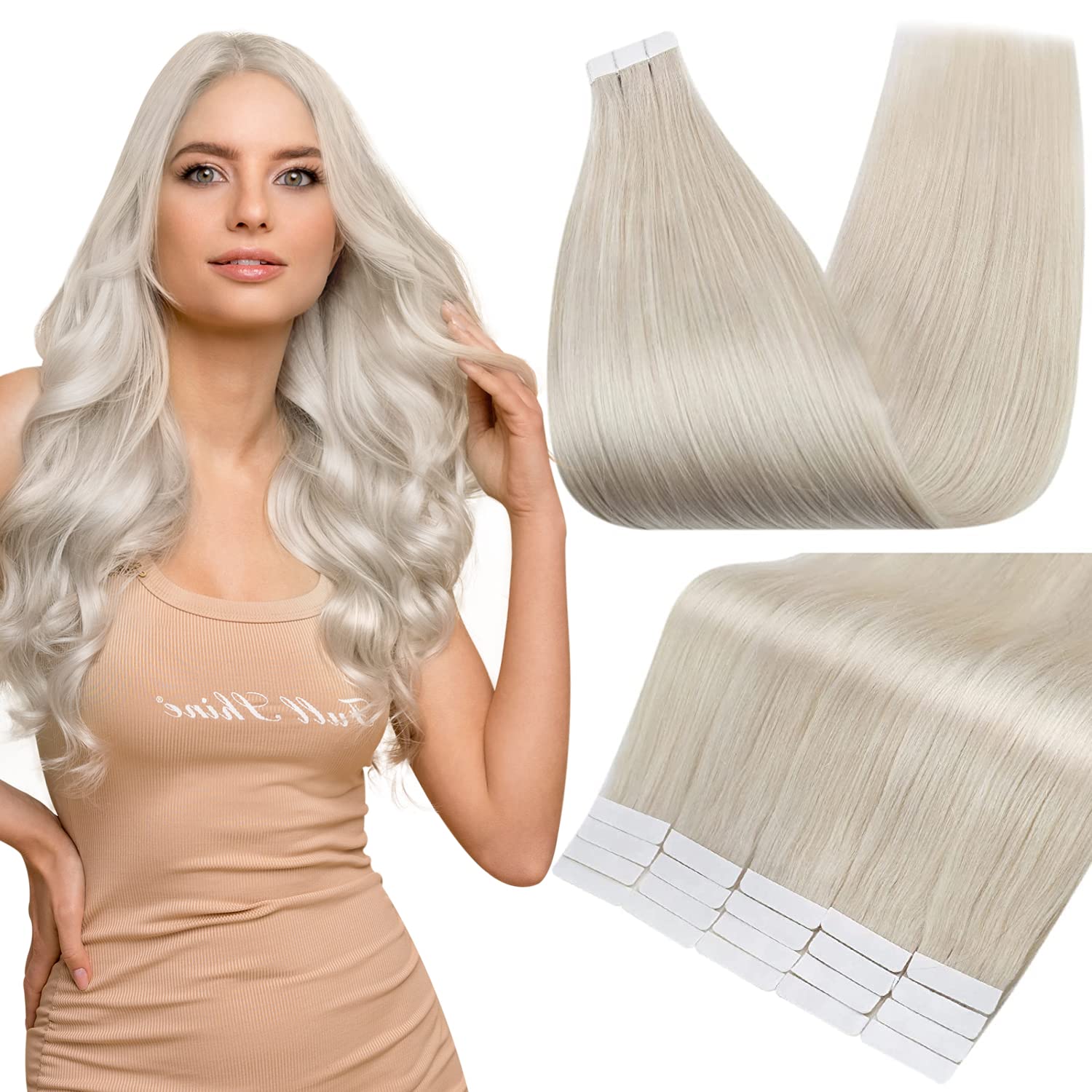 Full Shine – Extensiones adhesivas de cabello humano de 20 pulgadas, extensiones de cabello con cinta invisible, color 1000 rubio hielo, sin