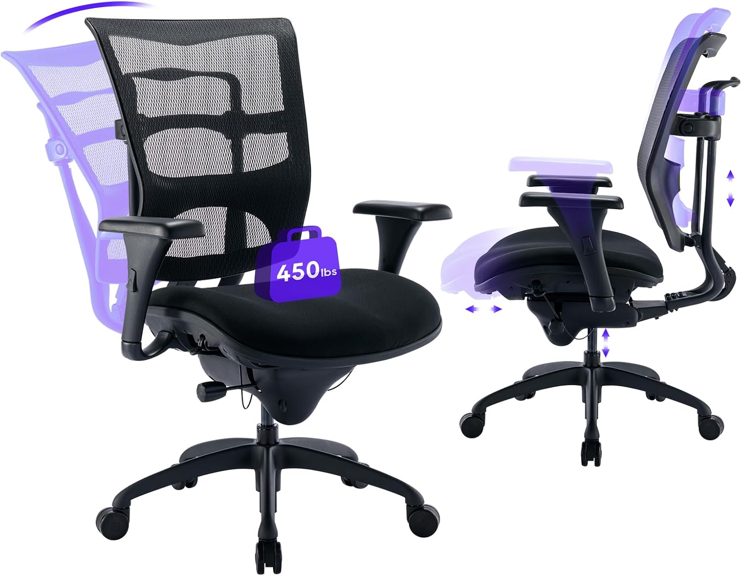 Silla de oficina grande y alta de 450 libras con asiento ancho, silla de malla ergonómica de alta resistencia, escritorio ejecutivo para computadora
