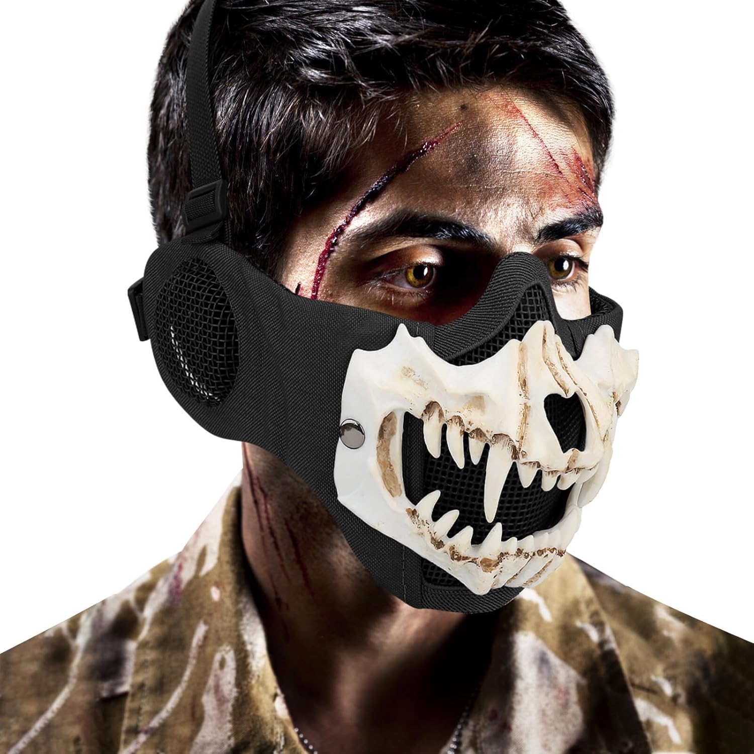 Airsoft – Máscaras tácticas de calavera de media cara con protección facial para las orejas, máscara de malla para Halloween, paintball, CS caza