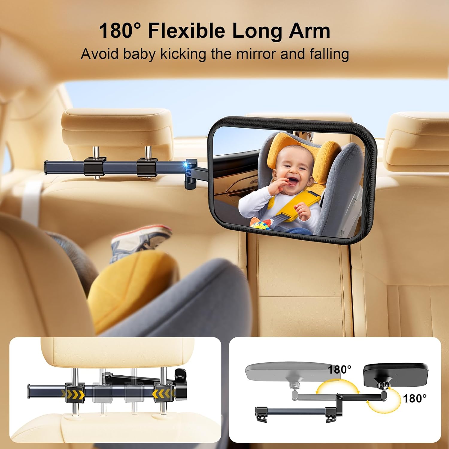 TAZENI Espejo de coche para bebé, espejo de coche elástico para bebé, espejo de bebé de cuidado de 360 para asiento trasero para asiento trasero