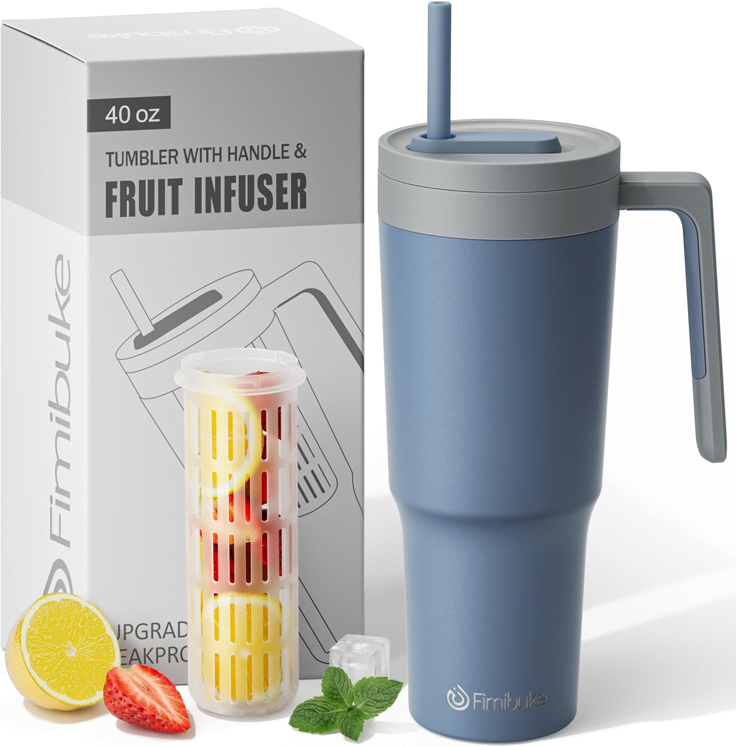 Fimibuke Vaso de 40 onzas con asa e infusor de frutas, taza aislada al vacío de acero inoxidable con tapa y pajilla, botella de infusión de agua,