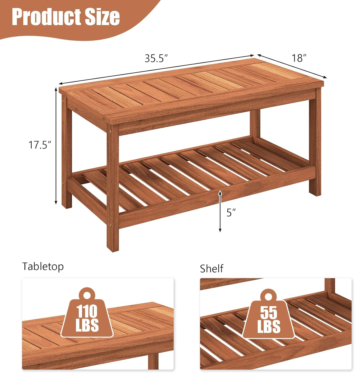 Tangkula Mesa de centro de madera dura para patio al aire libre, mesa de centro de 2 niveles con mesa de listones, estante de almacenamiento,