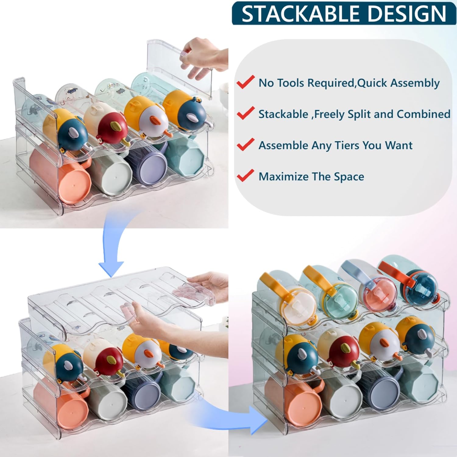 Zdesign Organizador de botellas de agua, soporte apilable de plástico para botellas de agua para gabinete, paquete de 4, despensa de cocina,