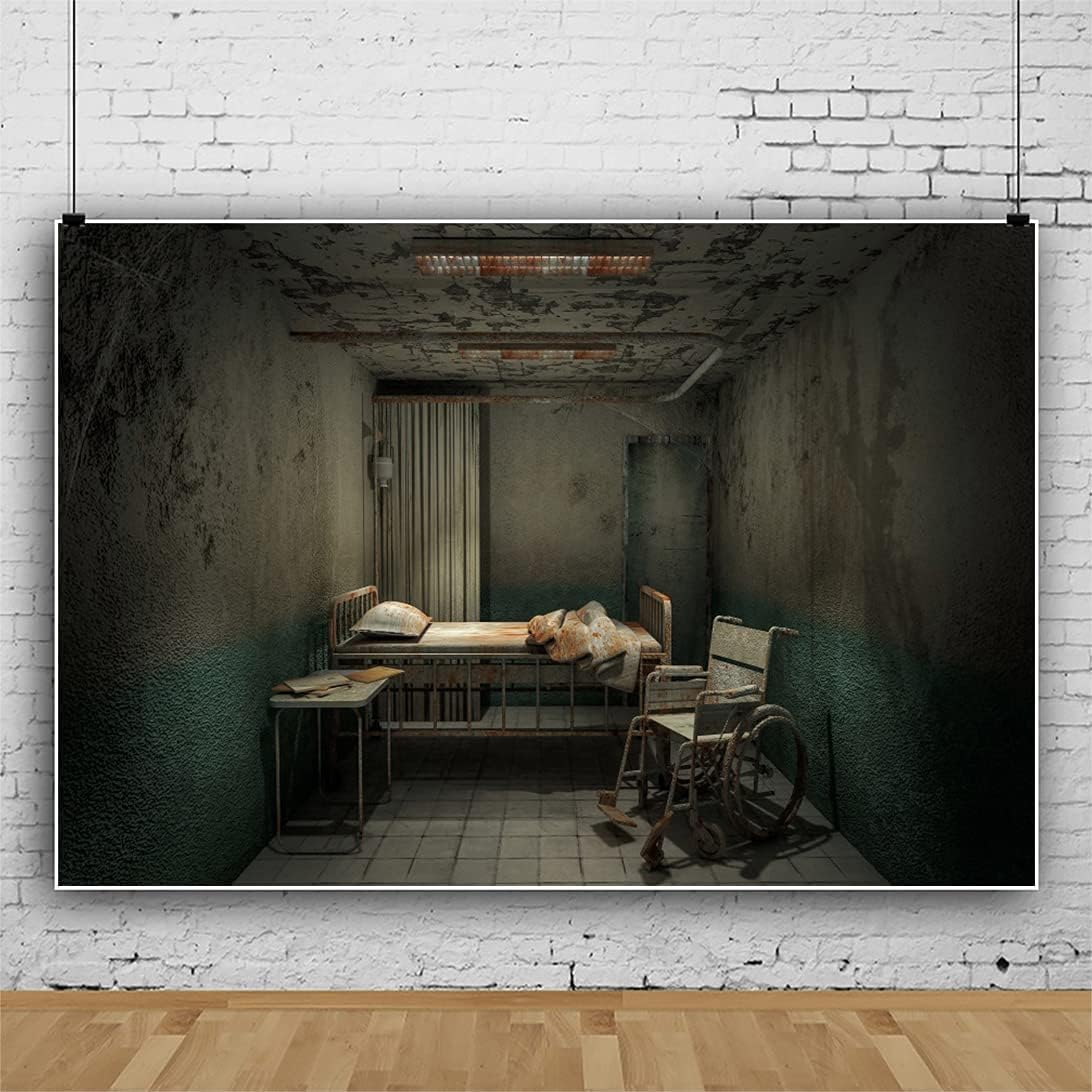 Yeele Telón de fondo aterrador de Halloween de 7 x 5 pies, decoración interior de sala de hospital, cama andrajosa y silla de ruedas, decoración de