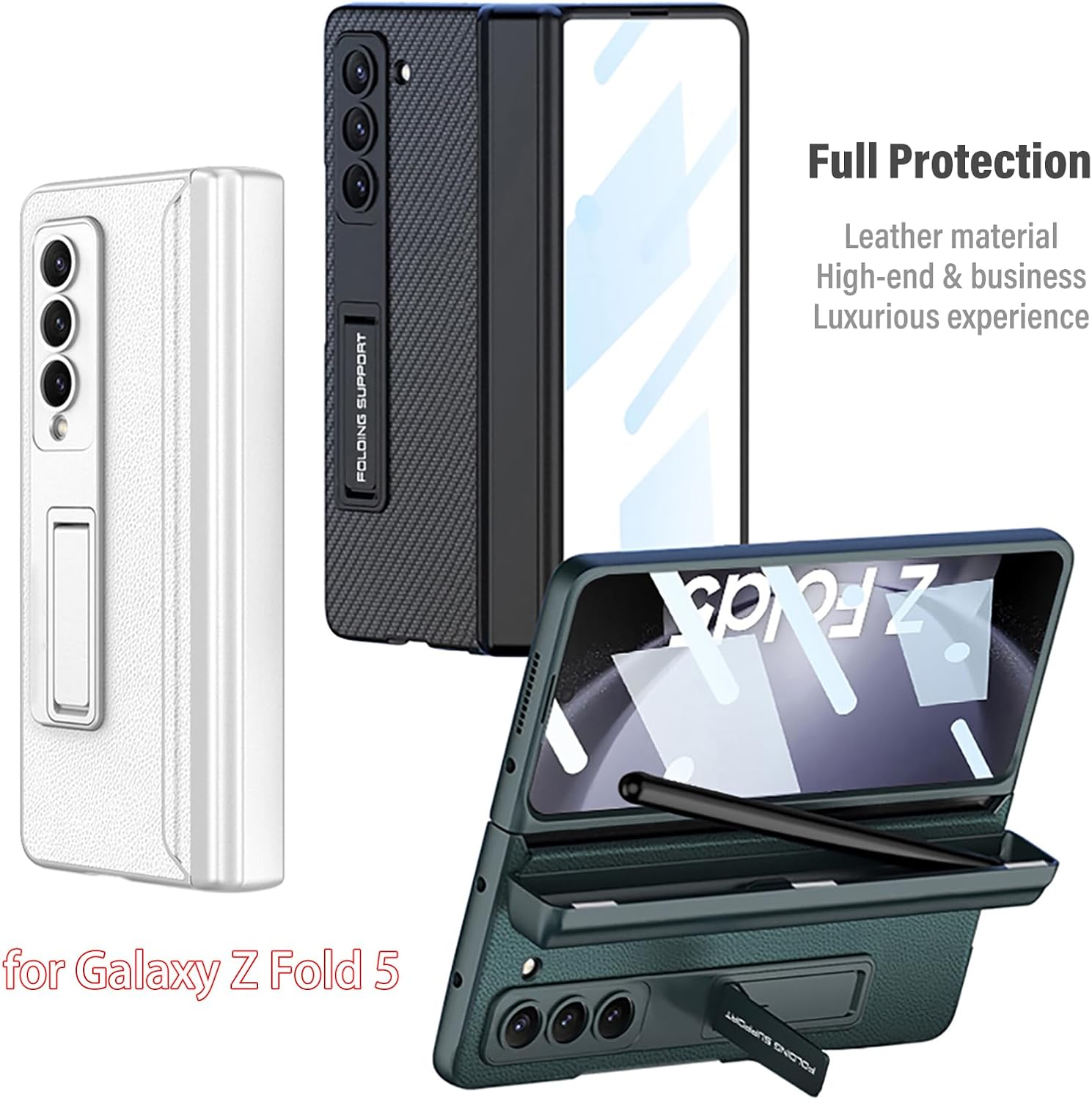 Z Fold 5 – Funda de piel sintética para Samsung Galaxy Z Fold 5, con protector de pantalla, cubierta de protección de bisagra de cuerpo completo,