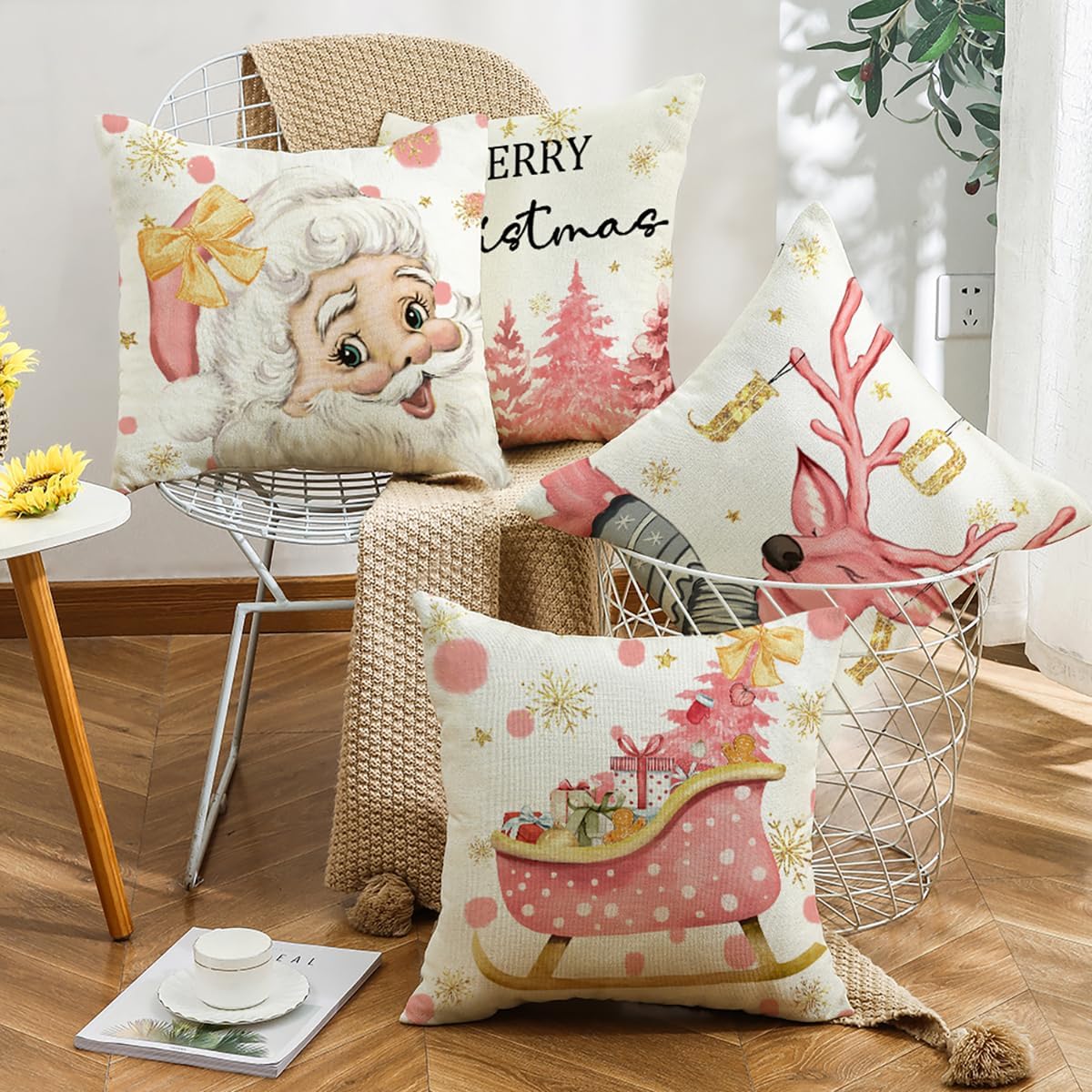wyooxoo Fundas de almohada de Navidad de 16 x 16 pulgadas, juego de 4 fundas de almohada con diseño de reno rosa con árbol de Navidad, decoración de