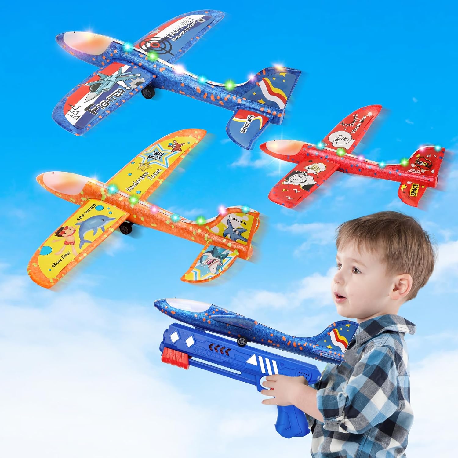 Paquete de 3 juguetes de lanzamiento de avión de espuma, avión de catapulta LED con 2 modos de vuelo, juguetes al aire libre para niños, juguetes de
