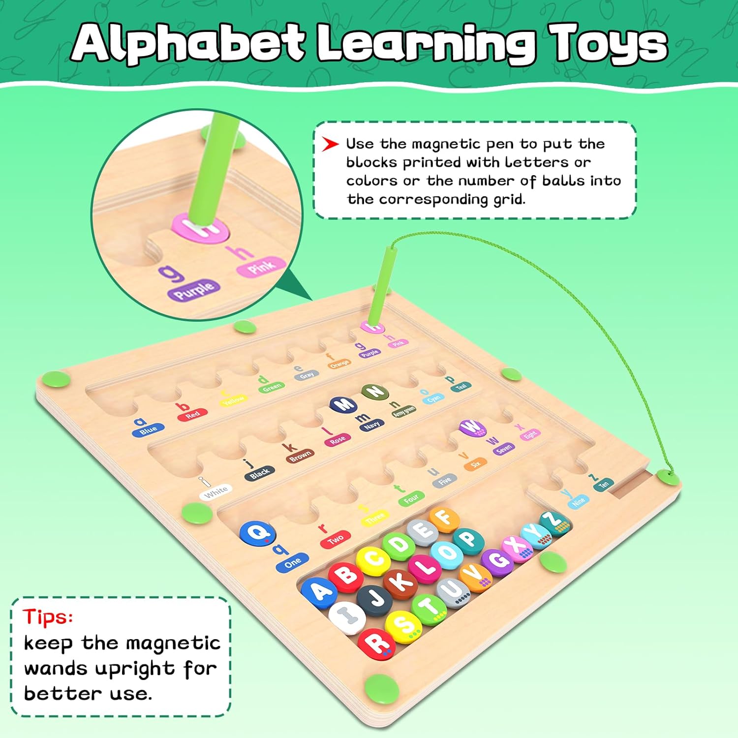 TUEVAK Tablero magnético del laberinto del alfabeto, rompecabezas de aprendizaje ABC, juguetes de clasificación de colores y números para niños