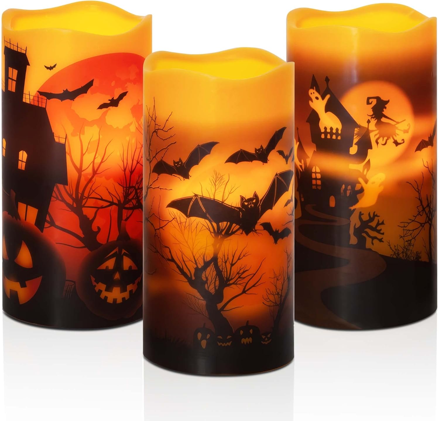 HN HAIINAA Velas de Halloween sin llama que funcionan con pilas con temporizador de 6 horas, velas LED parpadeantes de cera real, castillo, bruja,