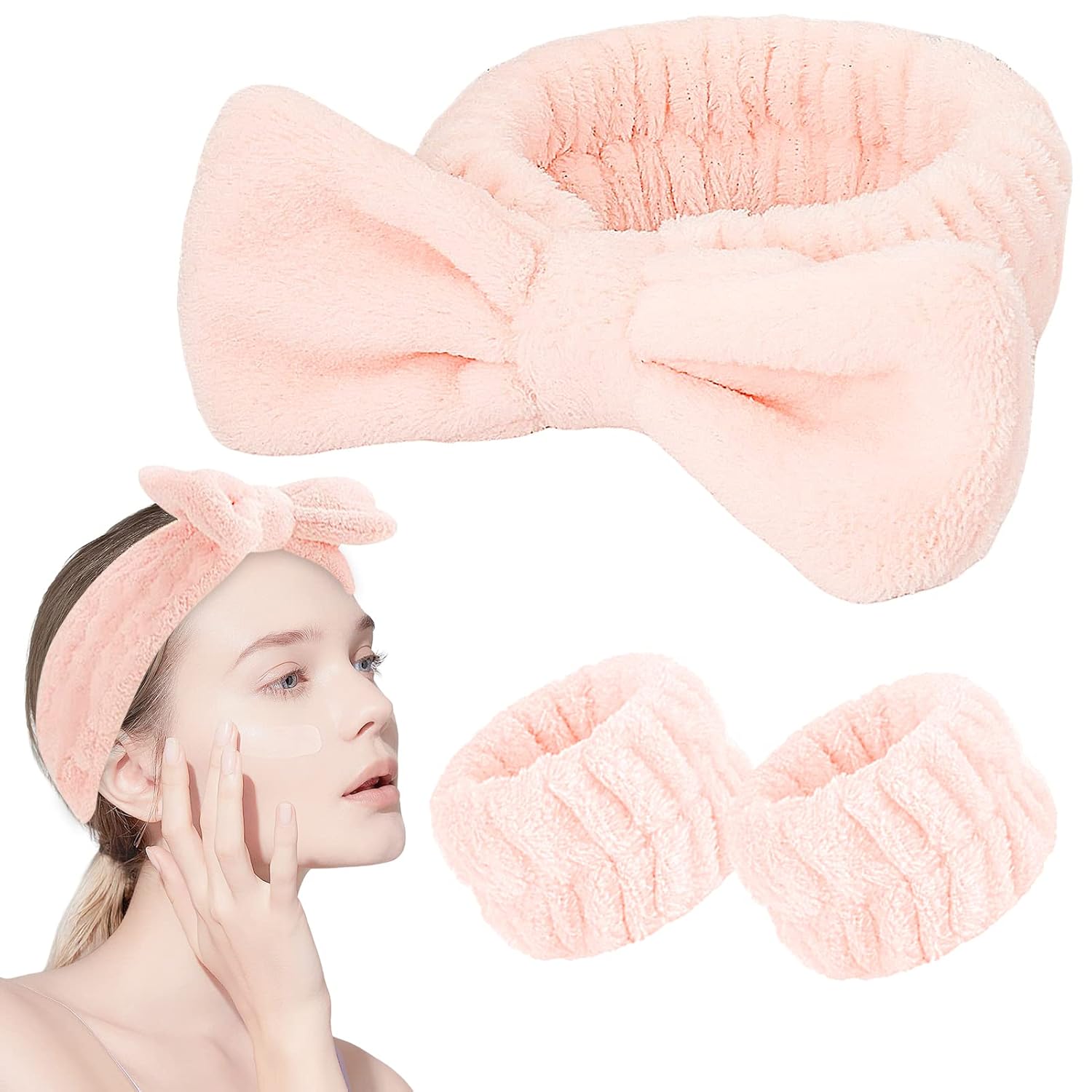 Juego de 3 diademas de spa y muñequeras para el cuidado de la piel, bandas para el cuidado de la piel, diadema rosa lavado, suave maquillaje facial,