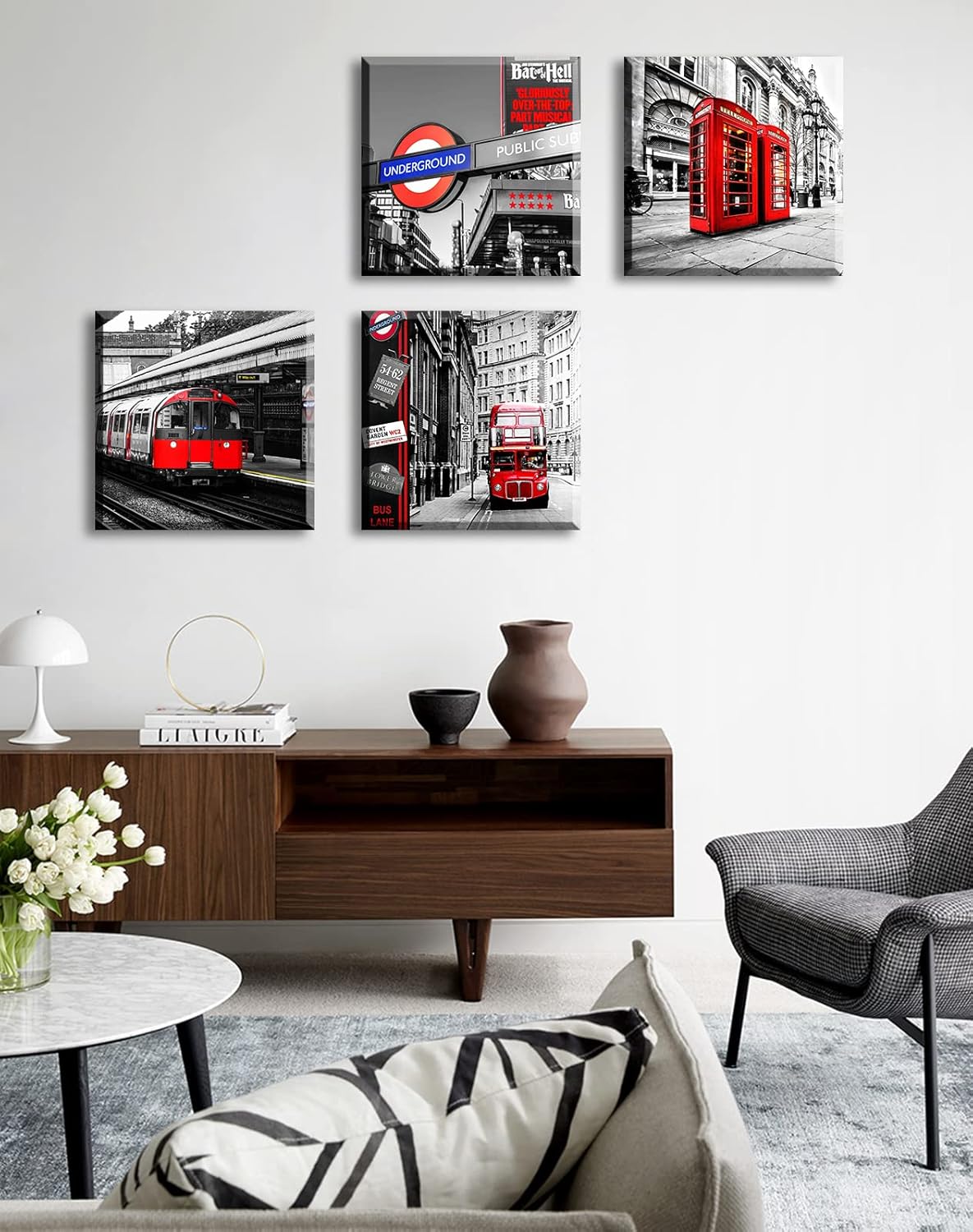 JiazuGo Arte de pared en blanco y negro, decoración de pared roja, arte de construcción de ciudad, cabina de teléfono roja, autobús en Londres,