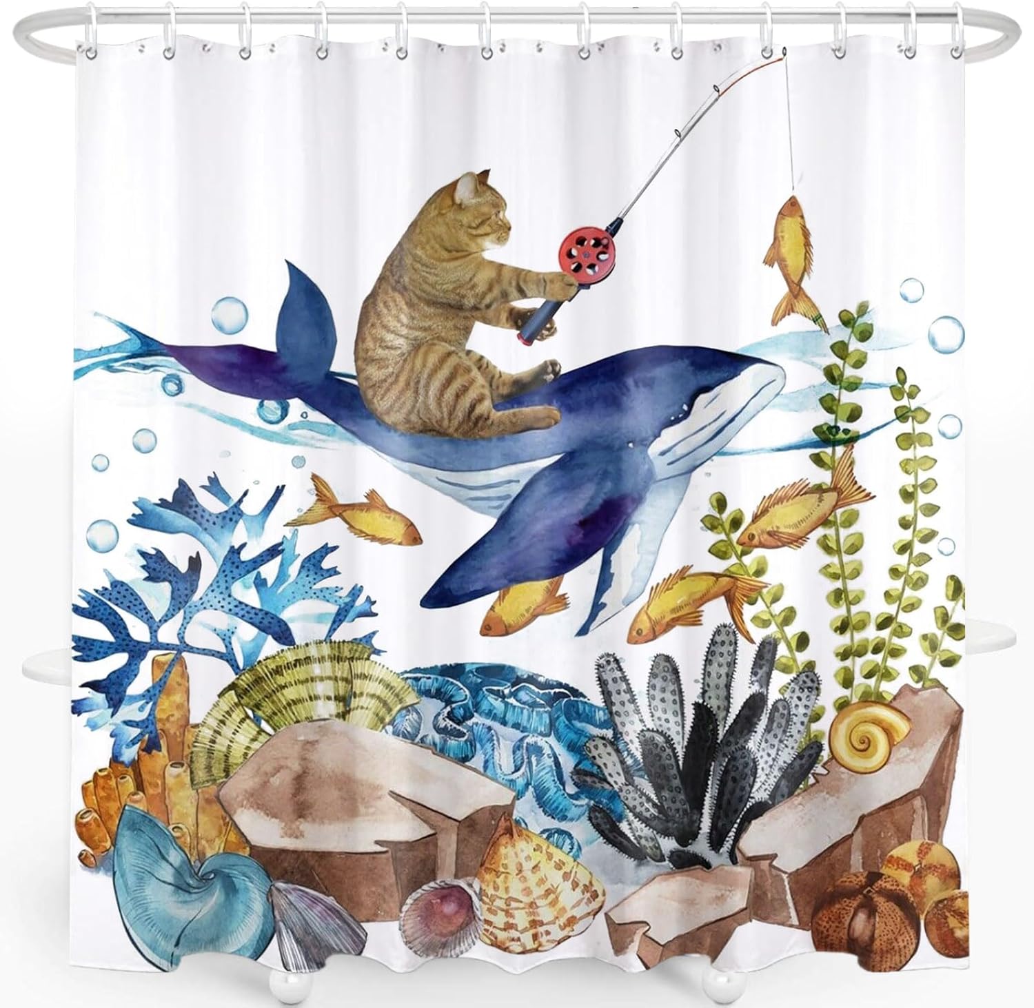 SRINKOC Divertida cortina de ducha con diseño de gato, tiburón, olas del océano, cortinas de baño de tela para decoración de baño, cortina de ducha