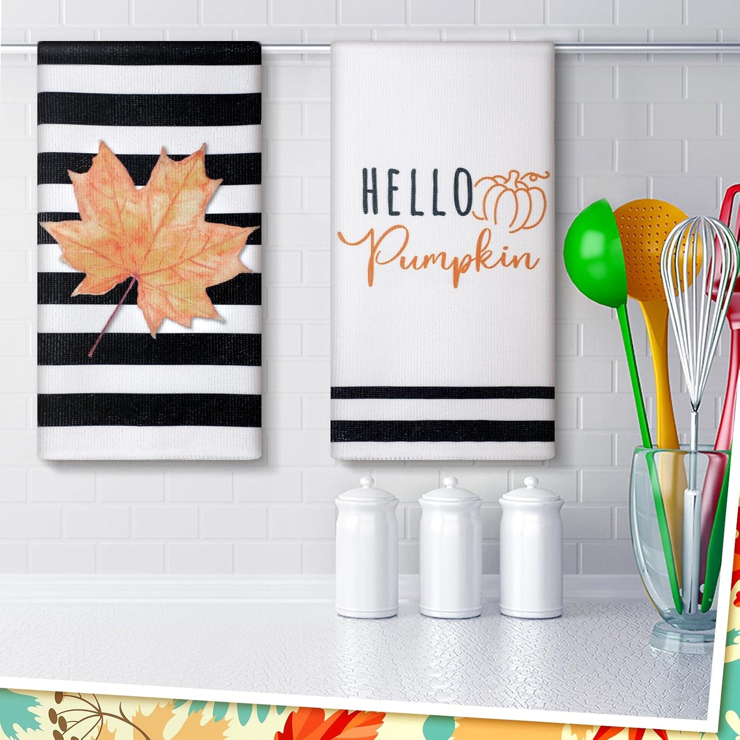 Buryeah 4 toallas absorbentes de mano de otoño, paños de cocina de calabaza, hojas de otoño, camión, paños de té, toallas de otoño a rayas para