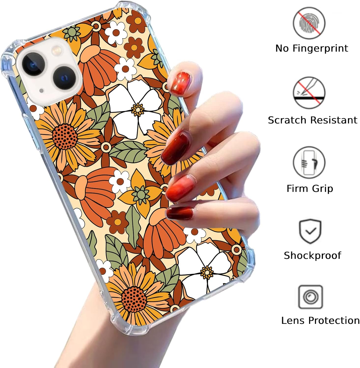 Funda vintage retro de los años 70 compatible con iPhone 13 Mini, funda estética hippie groovy amarillo marrón flores blancas para iPhone 13 Mini,