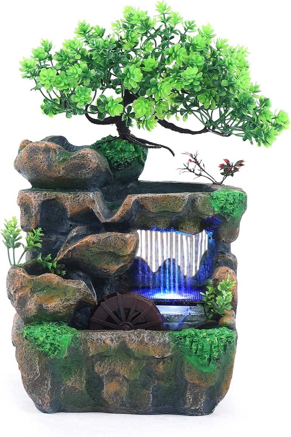 Adornos de rocalla de fuente de agua con cascada y luces LED de colores, mini cascada de escritorio, pequeña rocalla para oficina, hogar, dormitorio