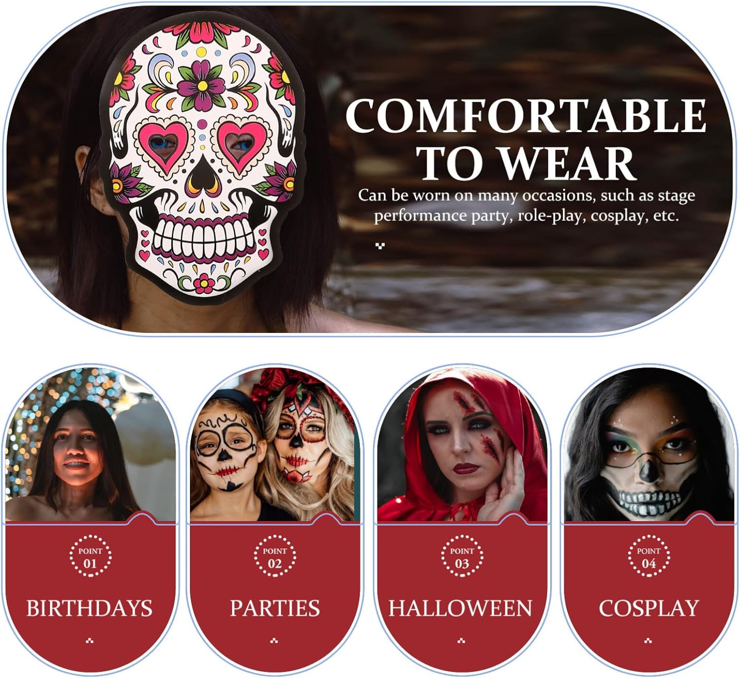 EXCEART 6 máscaras del Día de los Muertos, máscaras de papel de calavera, esqueletos, máscaras de cosplay, fiesta del Cinco de Mayo, sombreros para