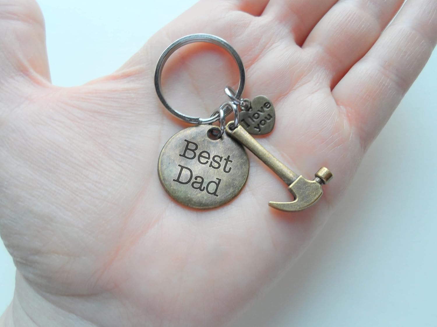 Bronze Hammer Charm Keychain with I Love You Heart Charm and Engraved Best Dad Disc, Father’s Tools Keychain