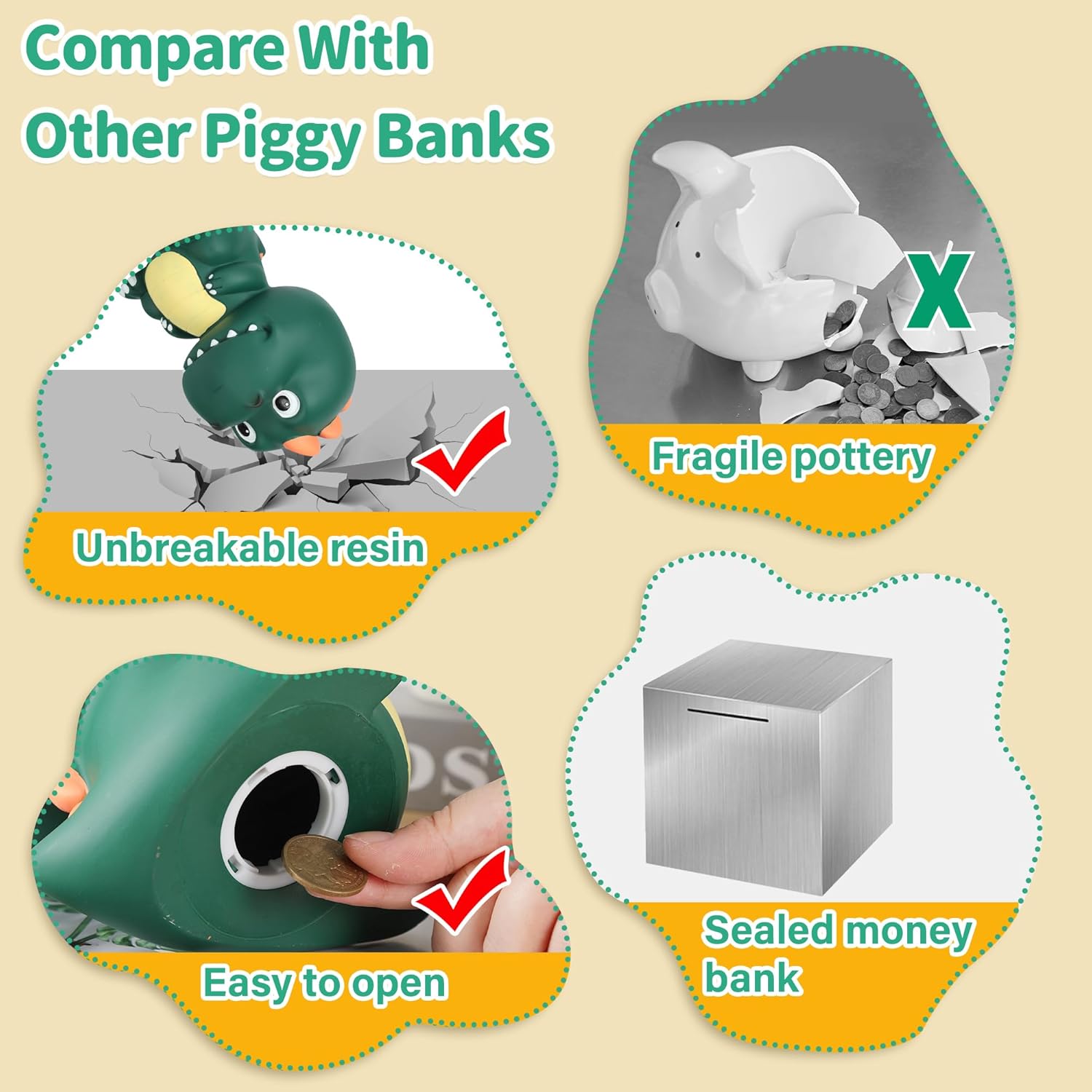 H&W Banco de dinero de dinosaurio con bonita cabeza grande, alcancía de tiranosaurio Rex inastillable, primer banco de monedas, el mejor cumpleaños