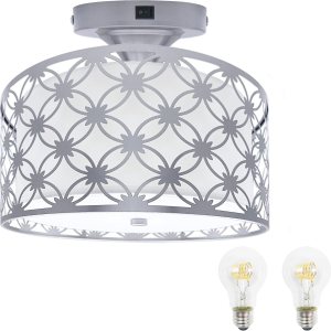 Facon Lámpara colgante de mesa de comedor de 11 pulgadas con interruptor, 2 bombillas LED E26 reemplazables, luz decorativa de tela para comedor con Facon Lámpara colgante de mesa de comedor de 11 pulgadas con interruptor, 2 bombillas LED E26 reemplazables, luz decorativa de tela para comedor con