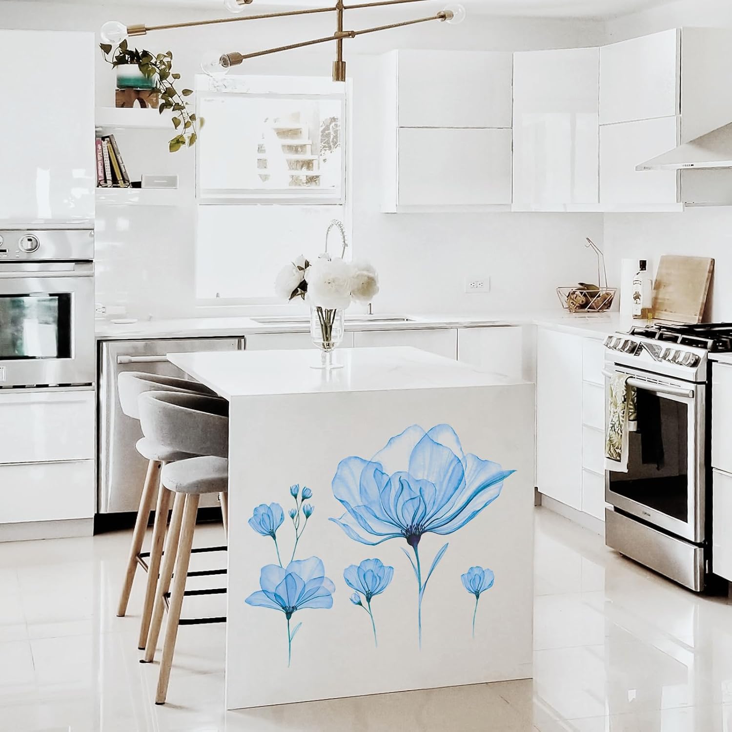 Tanlaby Blue Flower Wall Stickers, Large Lotus Floral Wall Decals, Romantic Blossom Wall Decor DIY Vinyl Mural Art for Bedroom Living Room Home Decor