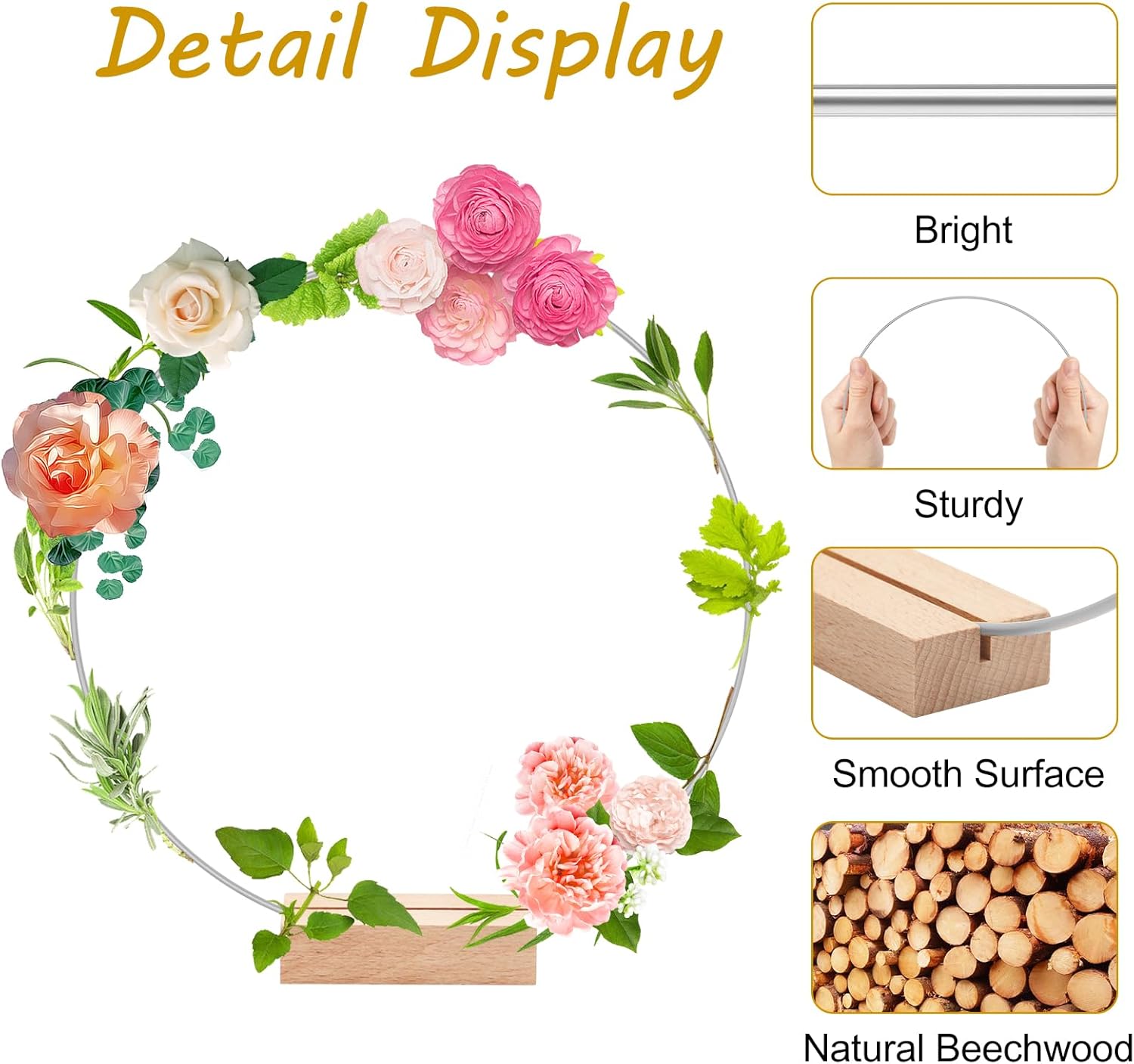 15 piezas de centro de mesa de aro floral de metal de 14 pulgadas con 15 soportes de madera para tarjetas y almohadillas ajustables para los pies,
