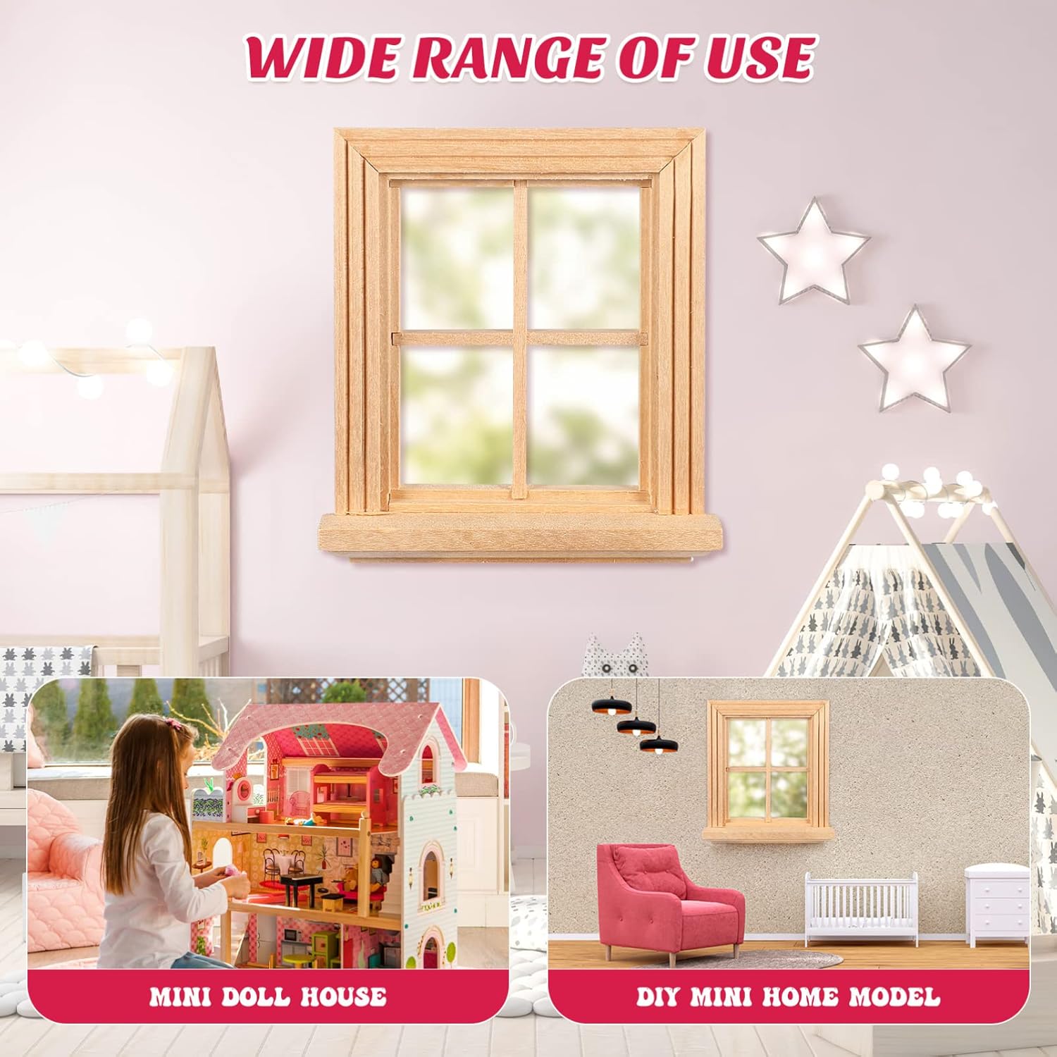 Toyvian Muebles de casa de muñecas Mini marco de ventana Modelo Pequeño marco de ventana de madera Muebles en miniatura Muñeca Mini ventana