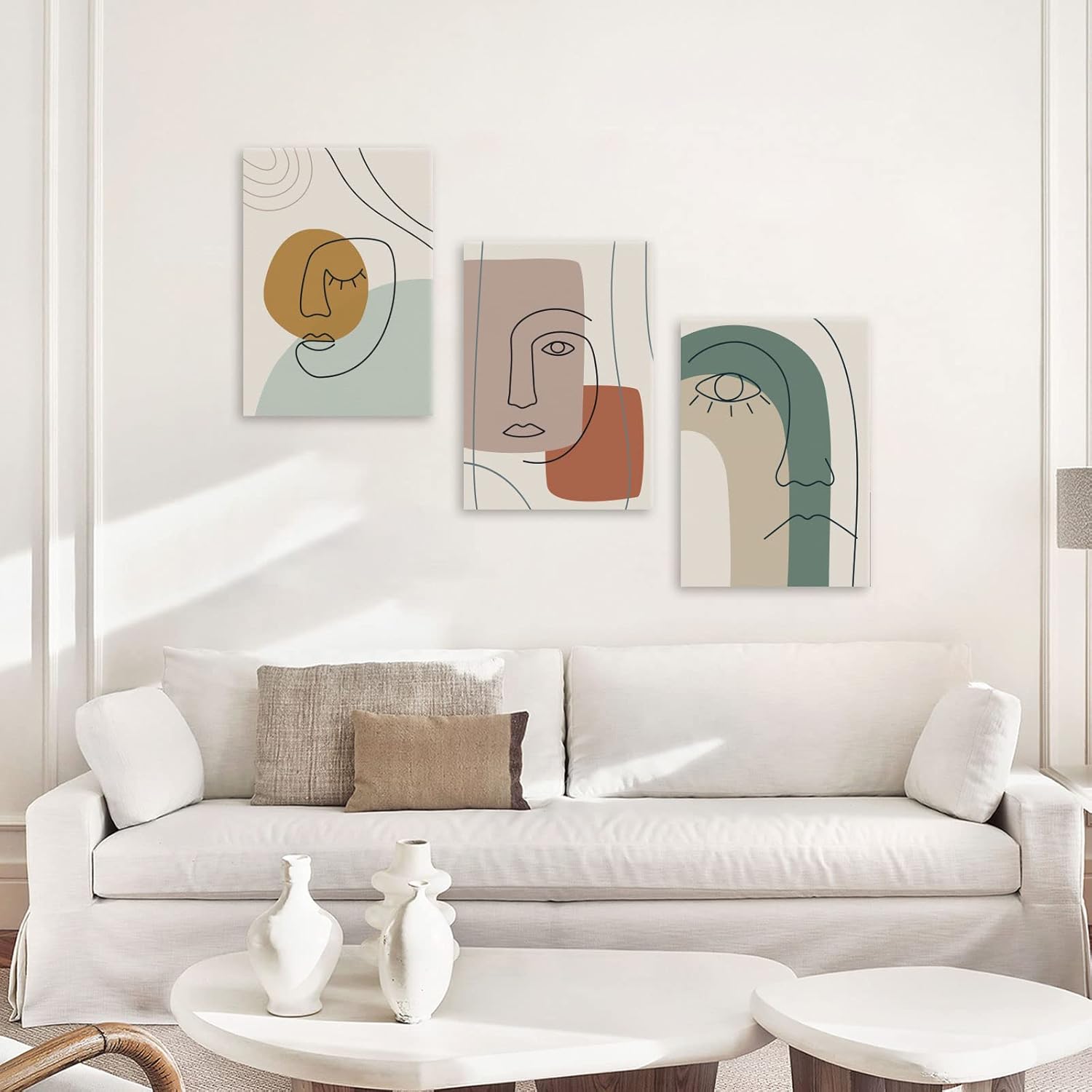 Lienzo enmarcado para pared, arte de pared bohemio de línea minimalista, juego de 3, impresiones abstractas de gran tamaño de 12 x 16 pulgadas,