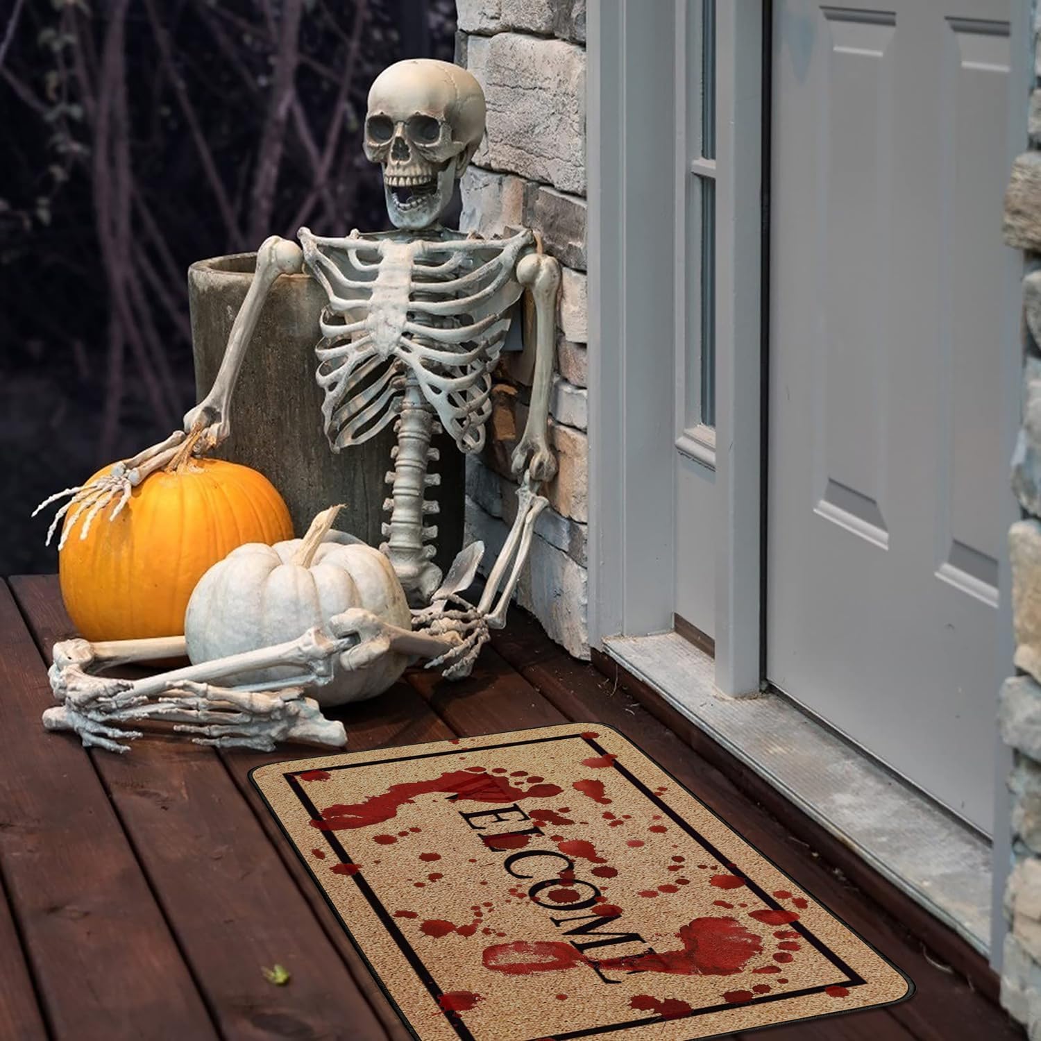 Tapete decorativo de Halloween para puerta delantera al aire libre, tapete de terror con huellas de sangre de 17 x 30 pulgadas, tapete de goma