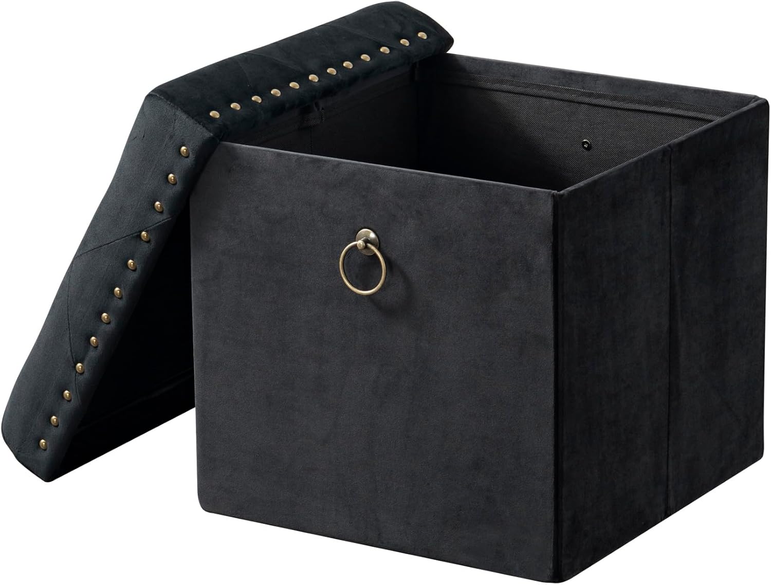 Chic Home Sassy Storage – Otomano tapizado de terciopelo con acabado de latón antiguo y anillo copetudo, parte superior extraíble con compartimento