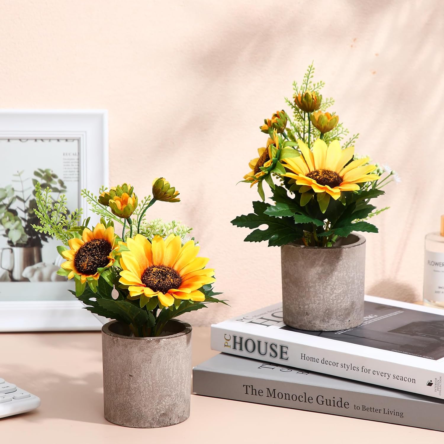 16 girasoles artificiales amarillos falsos en macetas, girasoles, flores artificiales, centros de mesa para mesas, girasoles, plantas en maceta para