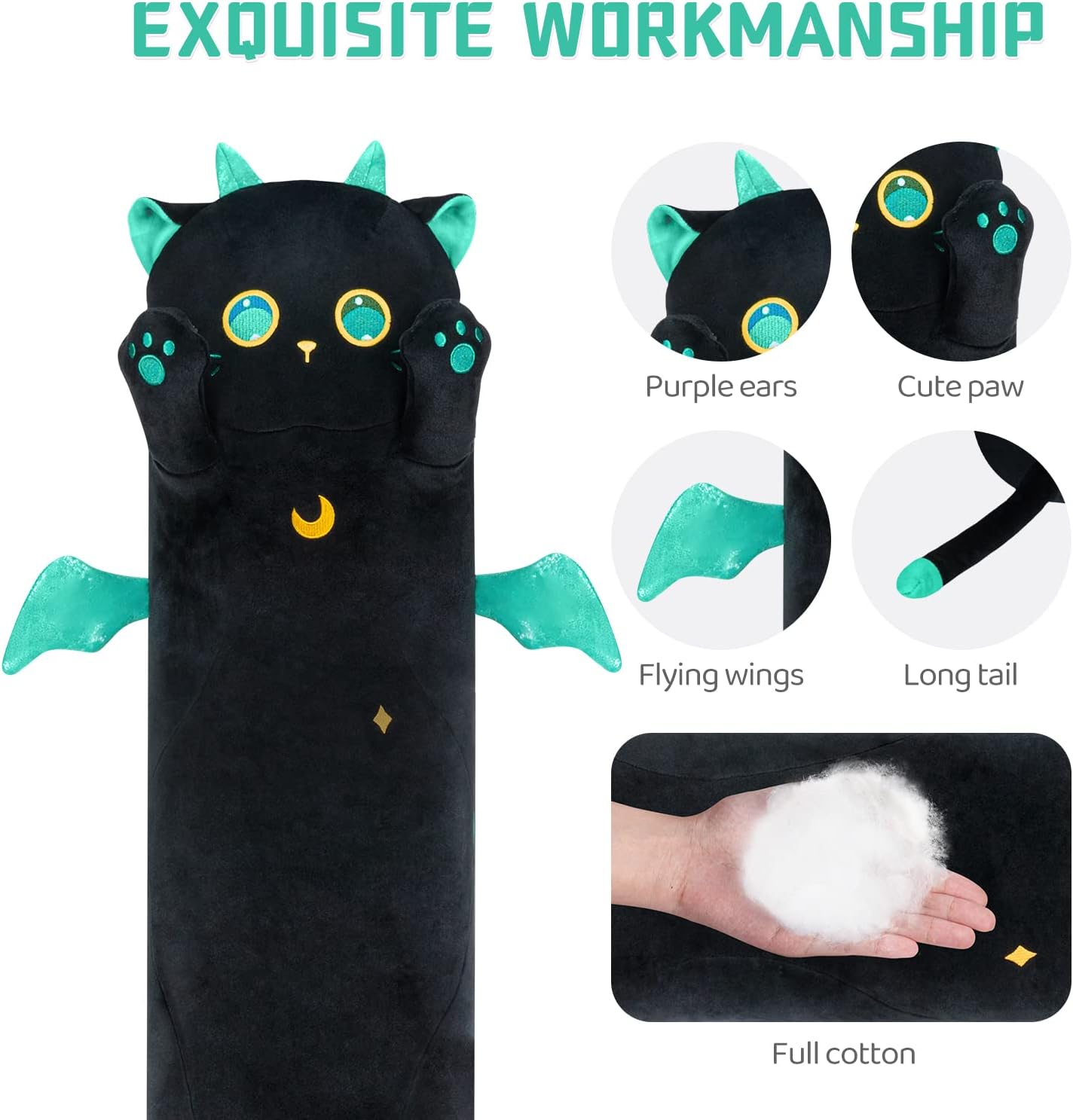 2 piezas de peluche de gato largo, 44 pulgadas, almohada de peluche de gato marrón + almohada de peluche de gatito de ojos grandes negros de 44