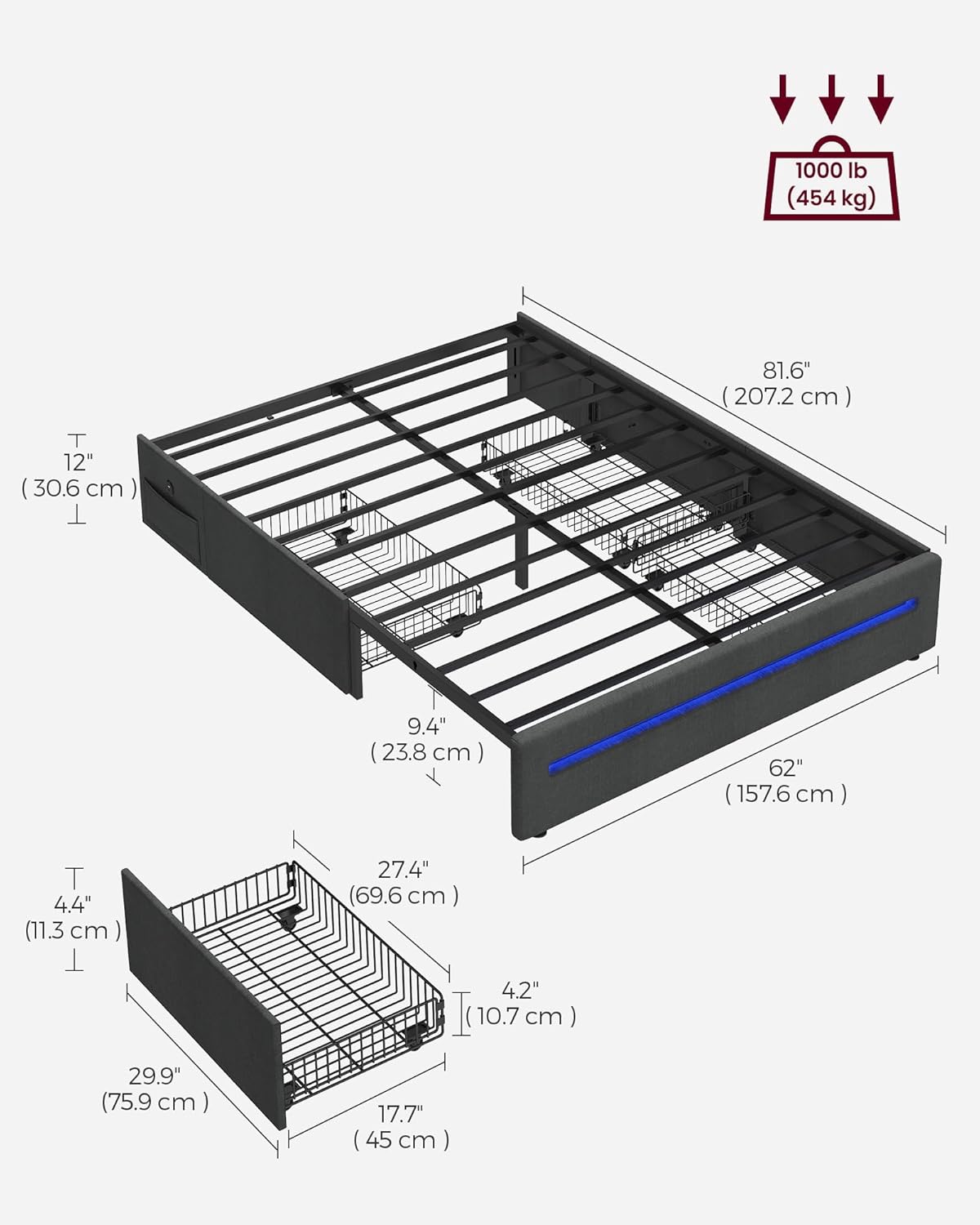 VASAGLE Base de cama LED tamaño Queen con 4 cajones y estación de carga, marco de cama Queen con 1 puerto USB y 1 puerto tipo C, listones de acero,