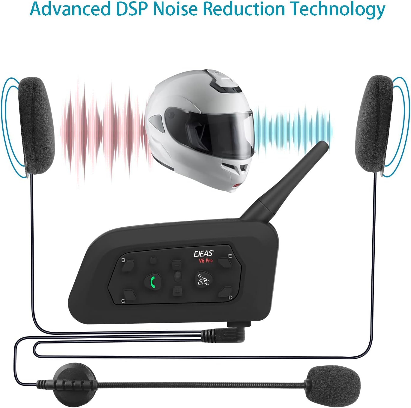 MIMIRACLE V6 Pro – Casco de motocicleta con Bluetooth, hasta 6 ciclistas de 2 vías 1200M IP65, impermeable, sistema de comunicación inalámbrico para