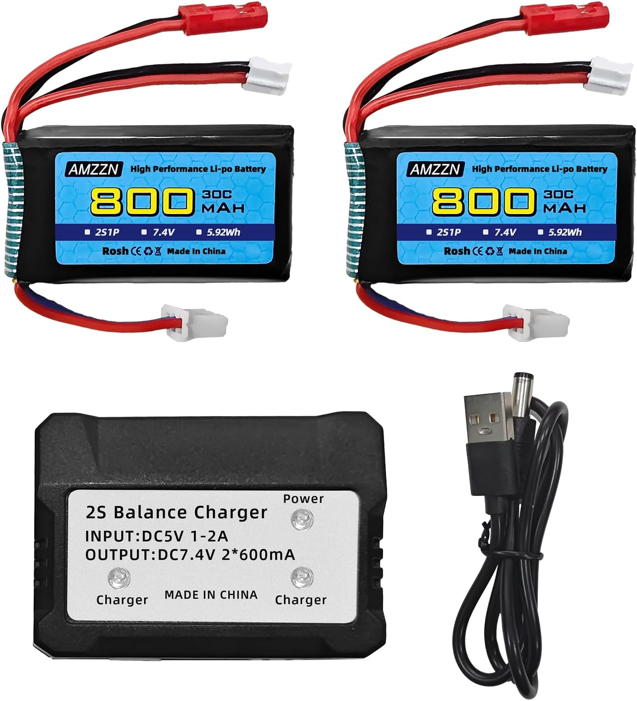 2 baterías Lipo de 7.4V 30C 2S 800mAh con enchufe JST y enchufe PH2.0 + carga 2 en 1 para batería de automóvil SCX24 RC, compatible con la mayoría