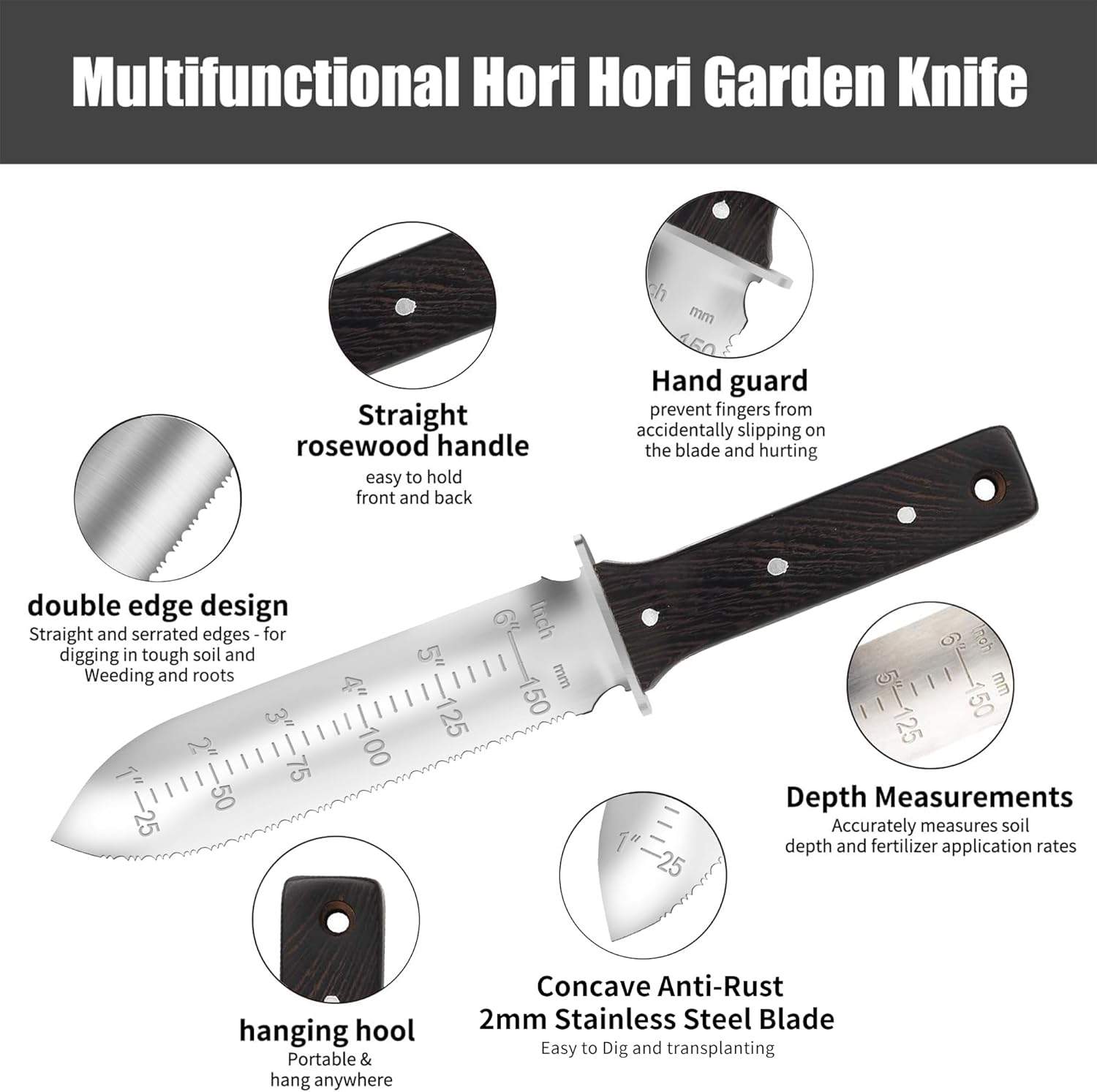 GARTOL Hori Hori – Cuchillo de jardín con funda de cuero, hoja de acero inoxidable de 7 pulgadas, mango de madera de espiga completa, herramientas