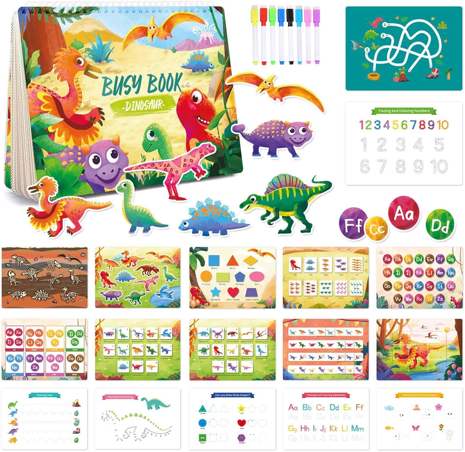 Dinosaurio Montessori – Juguetes de aprendizaje para niños pequeños de 3, 4, 5 años, actividades de aprendizaje preescolar, 10 temas, carpeta de