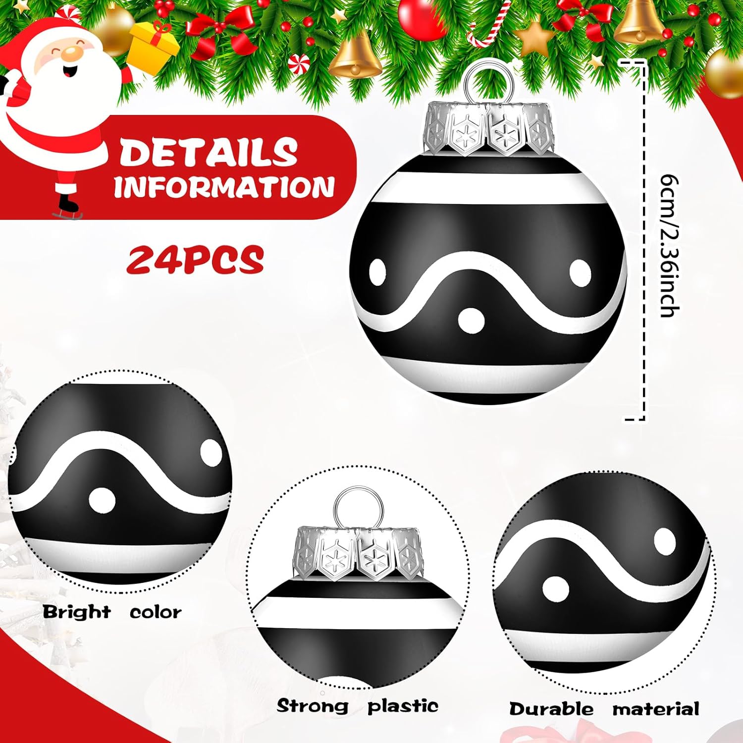 Adornos de bola de Navidad a rayas, lunares, búfalo a cuadros, bola colgante de plástico de 2.36 pulgadas, decoración de árbol de Navidad, bolas de