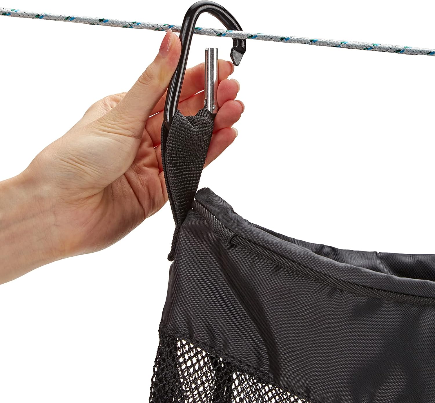 HOMEST Bolsa de malla para colgar ropa con cordón, organizador de almacenamiento con gancho, lavable a máquina, color negro