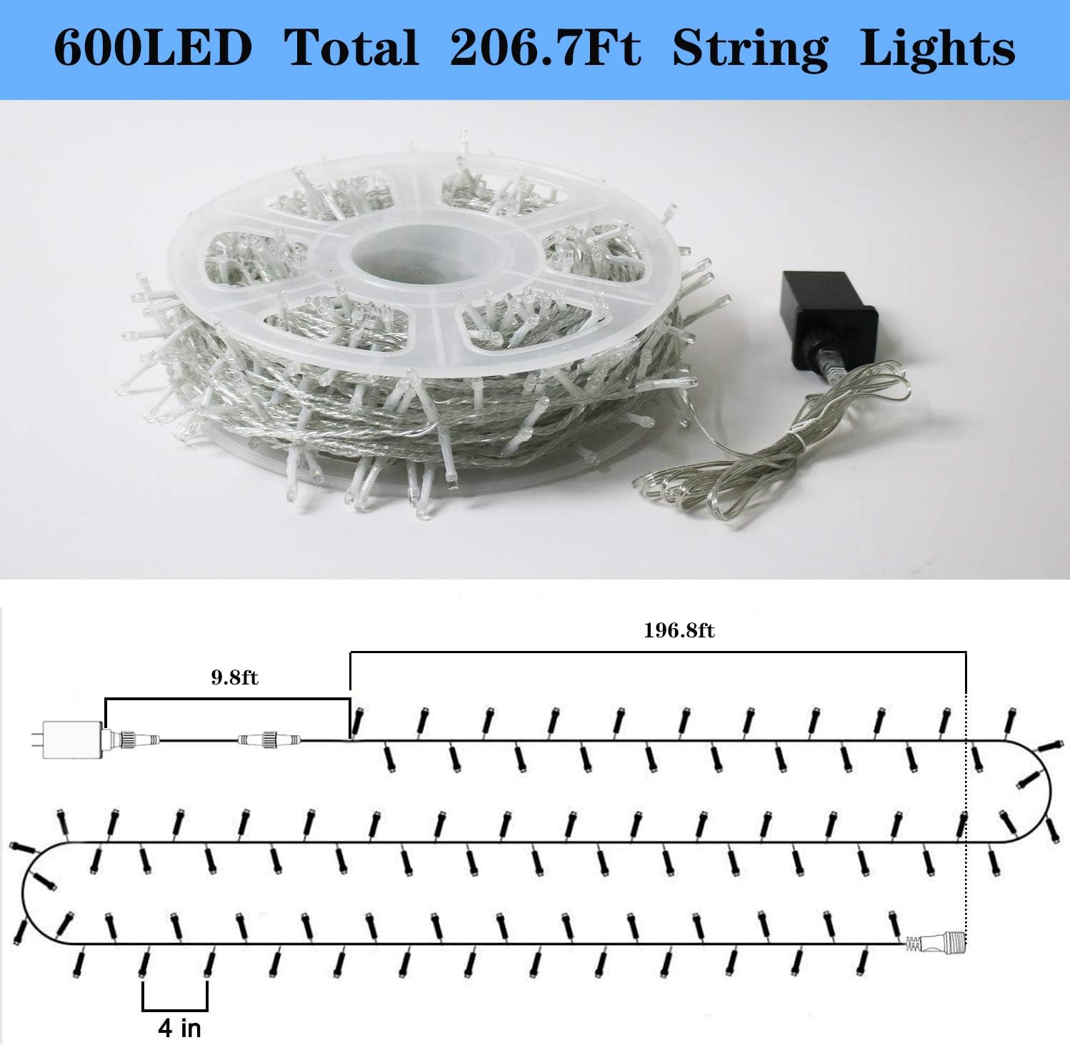 YAOZHOU Guirnalda de luces de Navidad para interiores y exteriores, IP44, impermeable, 196.8 pies, 600 LED, 8 modos, luces de decoración de hadas