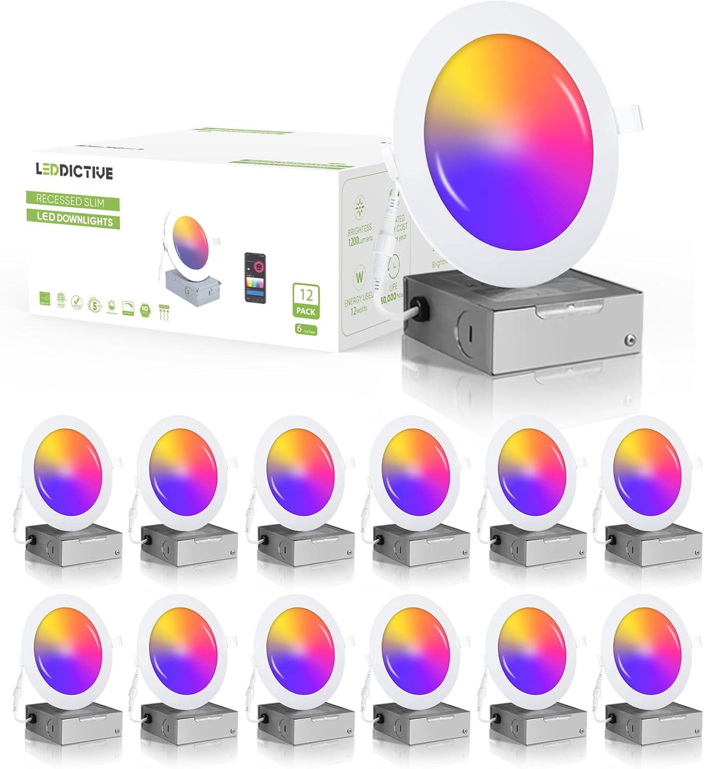 Paquete de 12 luces empotrables inteligentes de 6 pulgadas, luces LED empotrables de 6 pulgadas, 12 W, 1200 lm, luz descendente inteligente con caja