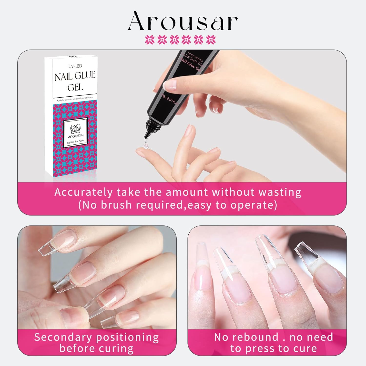 Pegamento de uñas de gel  0.7 fl oz x 2 unidades, gel de pegamento sólido para puntas de uñas, uñas a presión, gel de pegamento de uñas súper fuerte