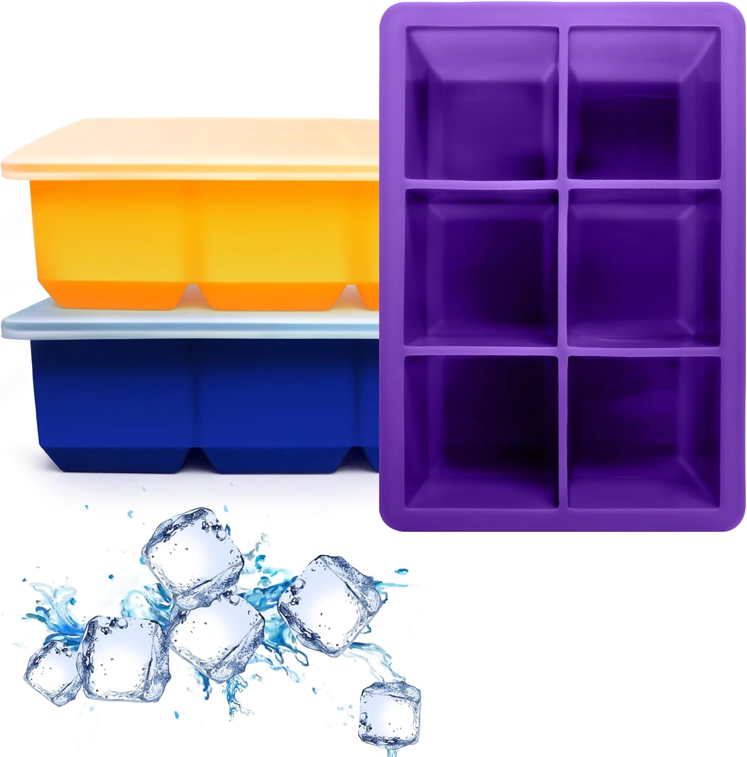 Paquete de 3 bandejas para cubitos de hielo, moldes de silicona de gran tamaño con tapas extraíbles, reutilizables y sin BPA para whisky, cóctel,
