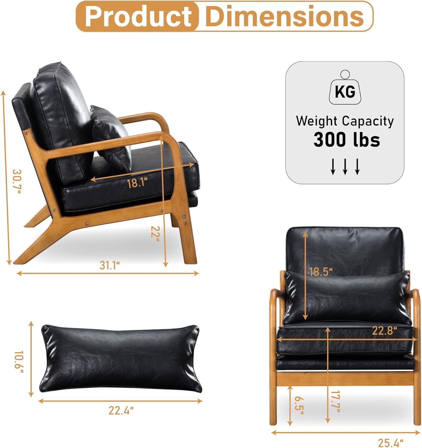 Hosnnile Silla decorativa con cojín, sillón tapizado moderno de mediados de siglo con piel sintética + marco de madera maciza para sala de estar,