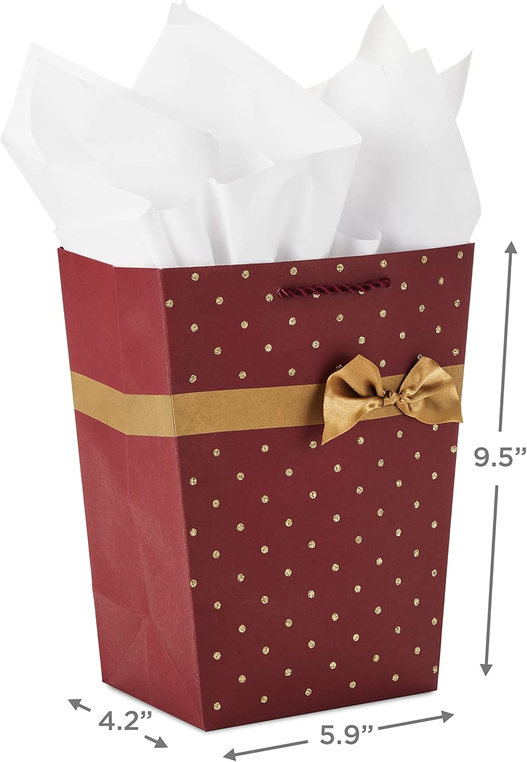 Hallmark Bolsa de regalo mediana de 9 pulgadas con papel de seda (trapezoide rojo con purpurina dorada y cinta) para el día de San Valentín,