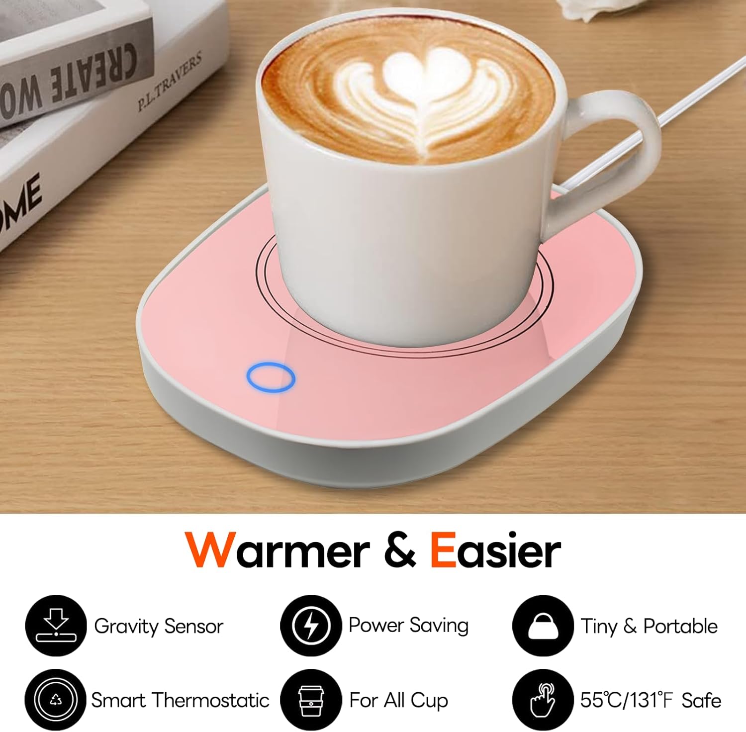 Calentador de café para escritorio, calentador de taza rosa, té caliente, leche, agua, bebida, calentador de escritorio, placa eléctrica con apagado